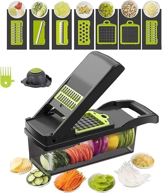 قطاعة خضروات وبصل 14 في 1 احترافية للمطبخ من اوروك هوم، قطاعة طعام متعددة الوظائف للبطاطس والطماطم والخضروات مع سلة مصفاة، 8 شفرات، رمادي