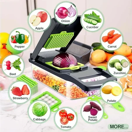 قطاعة خضروات وبصل 14 في 1 احترافية للمطبخ من اوروك هوم، قطاعة طعام متعددة الوظائف للبطاطس والطماطم والخضروات مع سلة مصفاة، 8 شفرات، رمادي