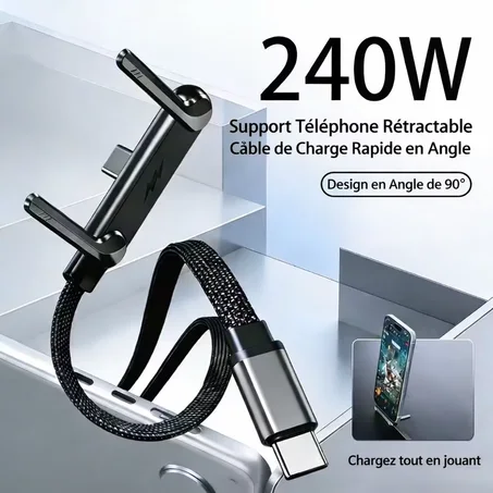 كابل USB-C بقوة 240 واط مع حامل هاتف مدمج قابل للطي – شحن فائق السرعة