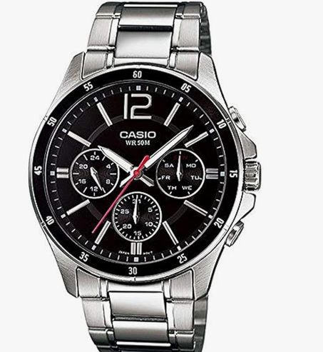 ساعة عملية كاجوال من كاسيو بطراز انتيساير بنظام انالوج بعقارب للرجال MTP-1374D-1AV، بمينا أسود، بسوار فضة
