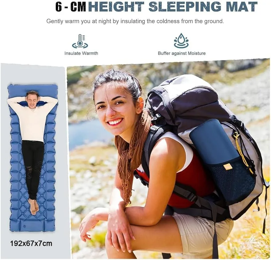 Camping Sleeping Pad, 192x67x7cm Ultralight Camping Mat, Waterproof Camping Mat for Backpacking Hiking Traveling for Outdoor Adventures, Outdoor Inflatable Mat with Built-in Foot Pump