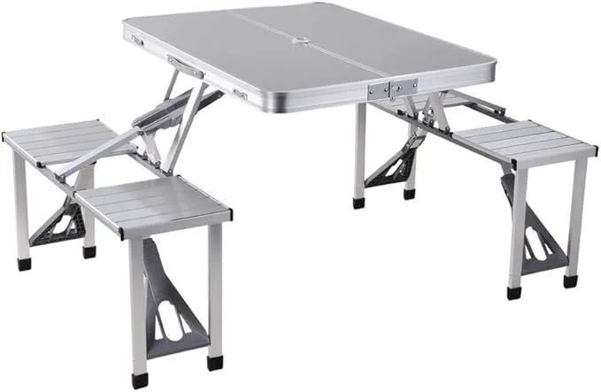 Outdoor Four Seater Foldable Table, Perfect for Outdoor Barbecue, Picnic Tables, Camping, Chairs and Tables, Silver,Convenient Carry Handle