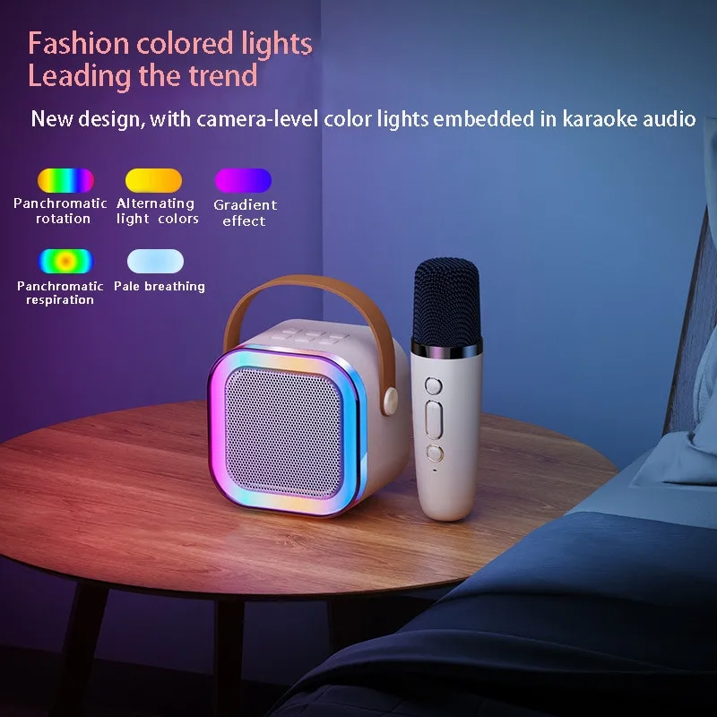مكبر صوت بلوتوث كاريوكي LED مع ميكروفون مزدوج – صوت قوي 5 وات، إضاءة RGB تفاعلية، متعدد الاستخدامات للأطفال والحفلات والسفر