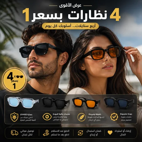 🔥 4 نظارات بسعر نظارة وحدة 😎 | 4 ستايلات لإطلالة مختلفة كل يوم + توصيل مجاني لكل لبنان 🚚