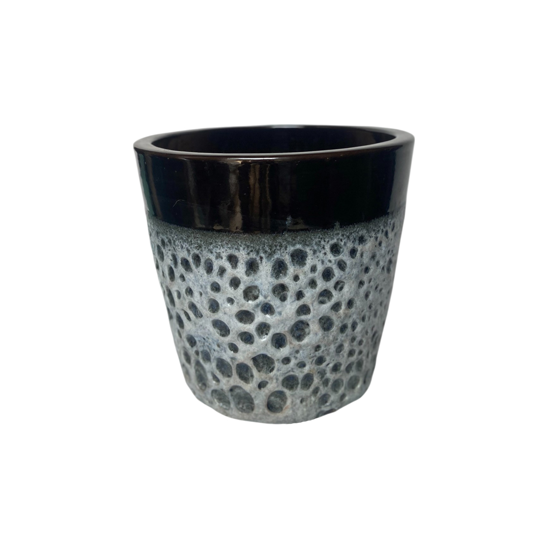 POT EN CÉRAMIQUE EFFET PIERRE DE LAVE & BORD NOIR BRILLANT H33 D38