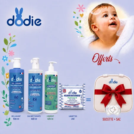 Pack Gel lavant 500 ML Eau nettoyante 500ml Liniment 400ml Lingettes 50 & Sac à langer Offerte