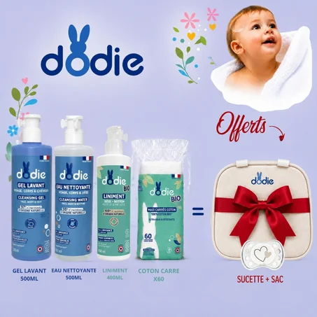 Pack Gel lavant 500 ML Eau nettoyante 500ml Liniment 400ml Carrés Coton & Sac à langer Offerte