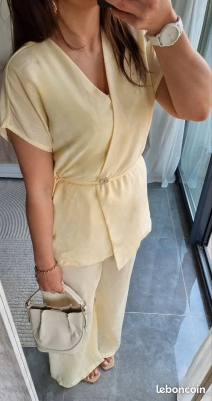 Ensemble sans manches effet lin jaune beurre-Mimosa