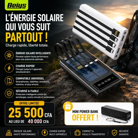 🇬🇦 chargeur solaire avec câble intégré haute Capacité