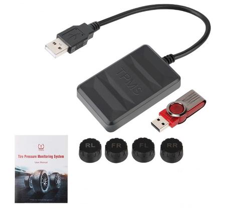 Car Tire Pressure Monitoring System, Android navigation TPMS device with 4 sensors, USB, wireless transmission.