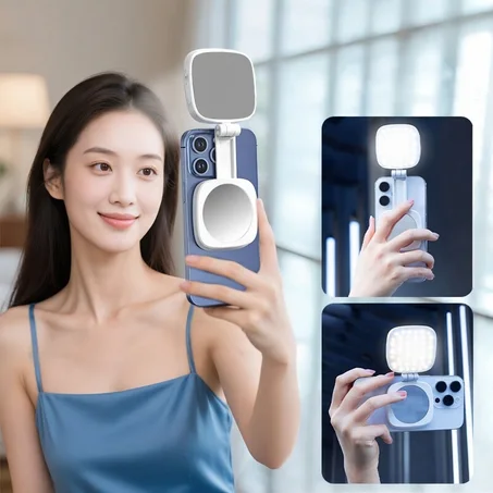 مصباح إضاءة للهاتف المحمول بتقنية التثبيت المغناطيسي F662 مع مرآة LED، مناسب للصور والفيديوهات، يعمل ببطارية قابلة للشحن