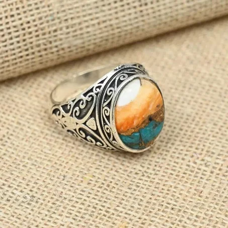 Oyster Turquoise Men’s Ring in 925 Sterling Silver Designer Jewelry