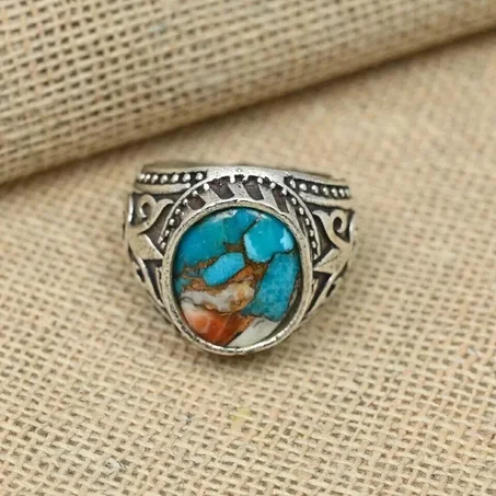 Oyster Turquoise Gemstone Men's Ring in 925 Sterling Silver