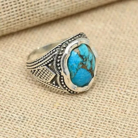 Blue Copper Turquoise Gemstone Men’s Ring Solid 925 Silver