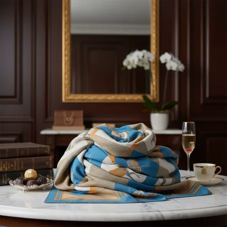 Hermes - Écharpe Élégance Royale – Bleu & Beige
