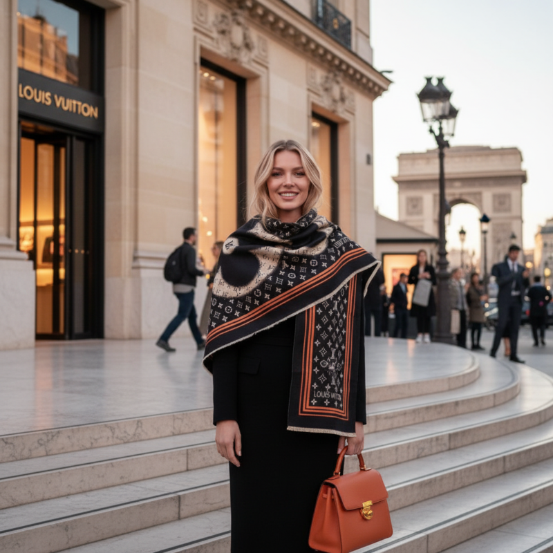 Louis Vuitton - Écharpe Monogram Nuit Élégante – Noir, Ivoire & Orange