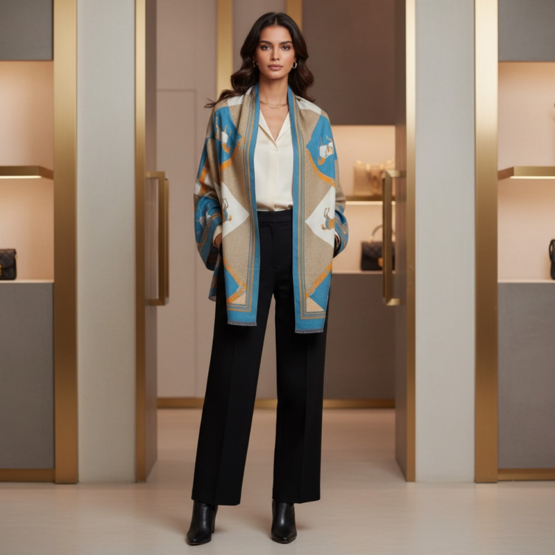 Hermes - Écharpe Élégance Royale – Bleu & Beige