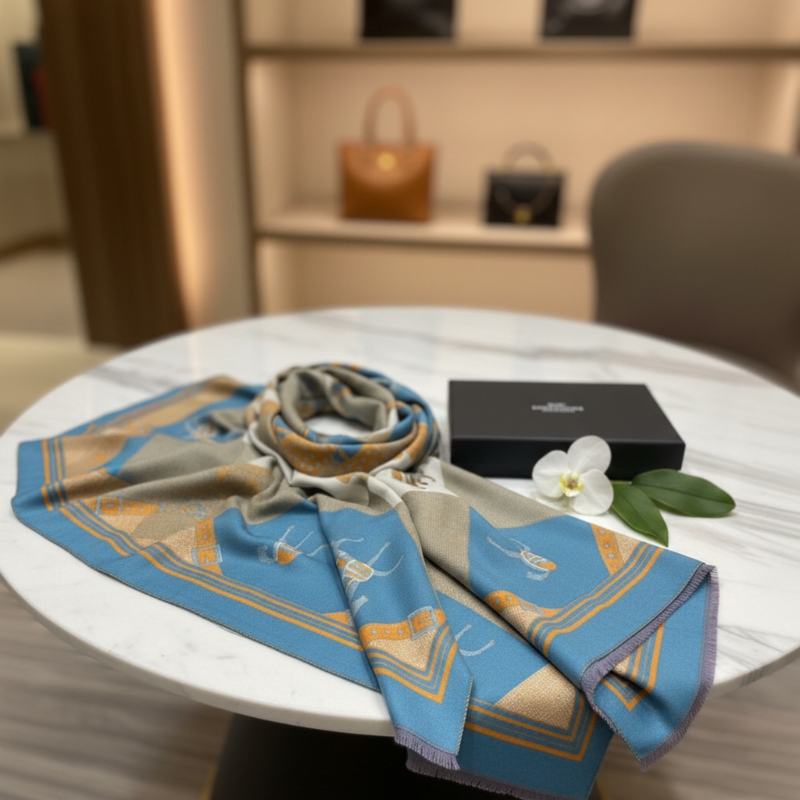 Hermes - Écharpe Élégance Royale – Bleu & Beige