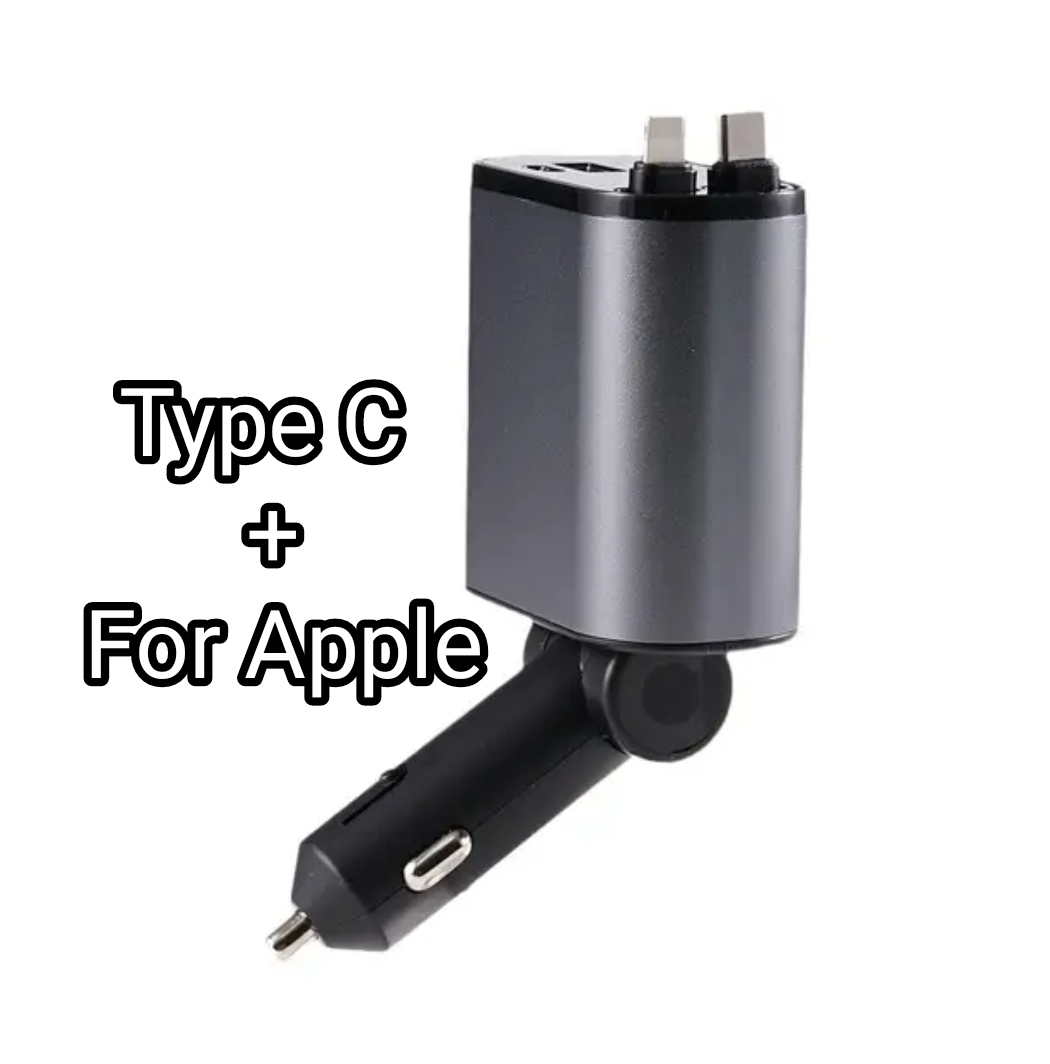 4in1 Retractable car fast charger USB, type C, and for Apple