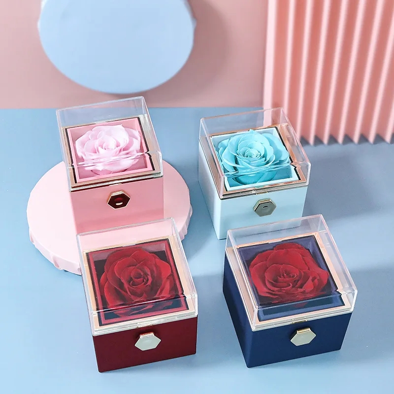 Rotating box with eternal preserved rose and double heart necklace ,custom engraved names