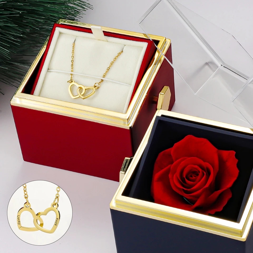 Rotating box with eternal preserved rose and double heart necklace ,custom engraved names