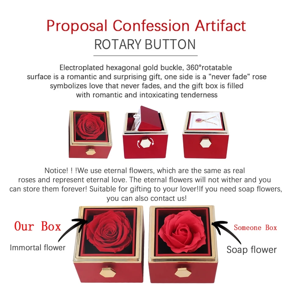 Rotating box with eternal preserved rose and double heart necklace ,custom engraved names