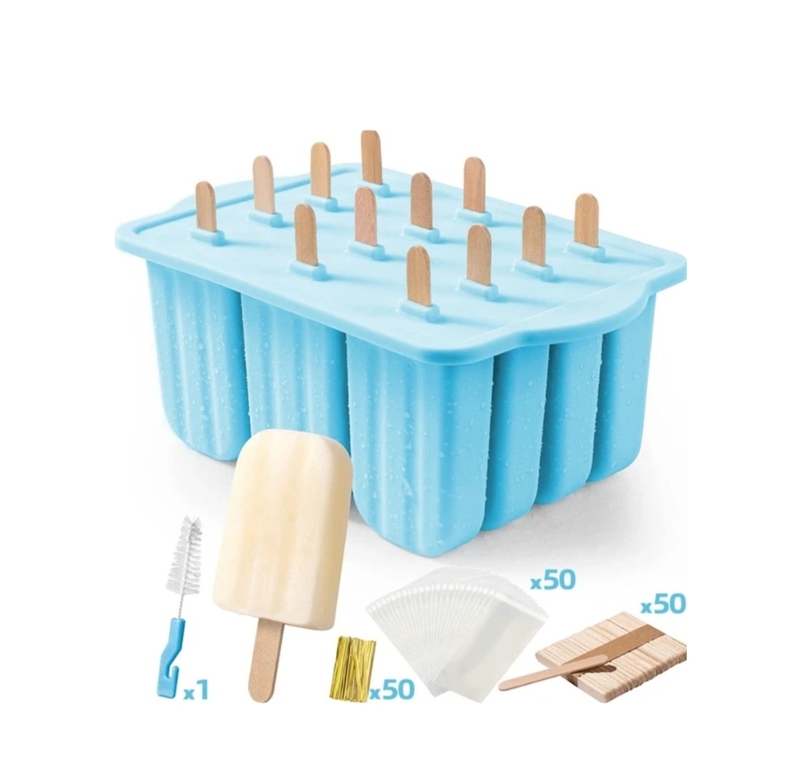 Safe silicone popsicle mold (12 cavities) with cleaning brush & ice sticks & bags