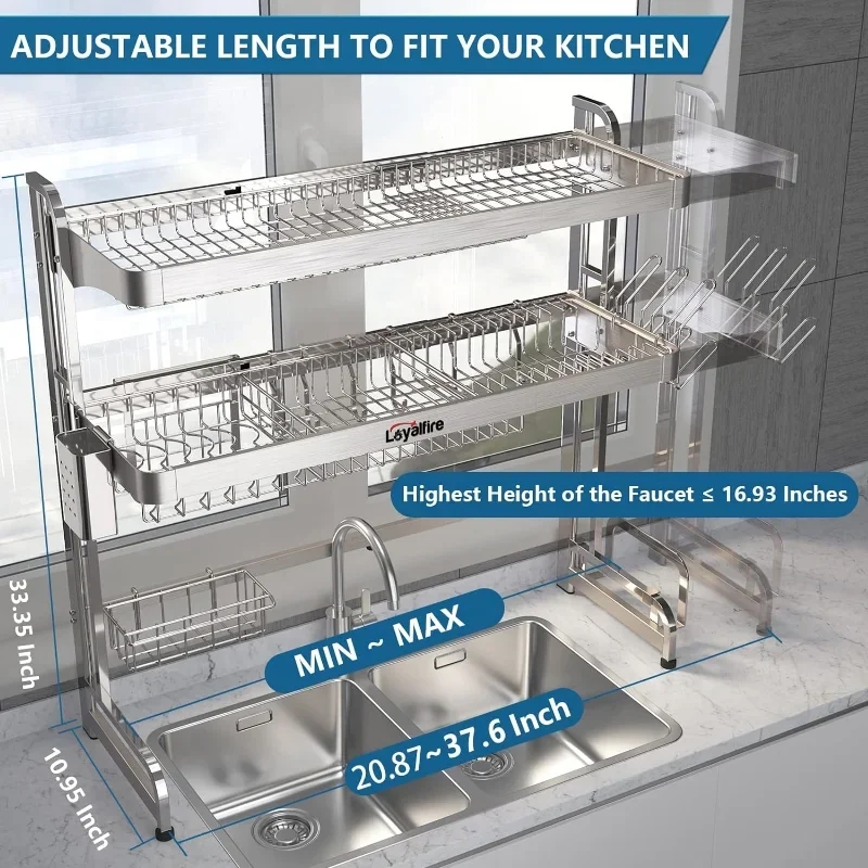 Over sink dish drying rack, 3 tier Adjustable Length (20.87" - 37.6")