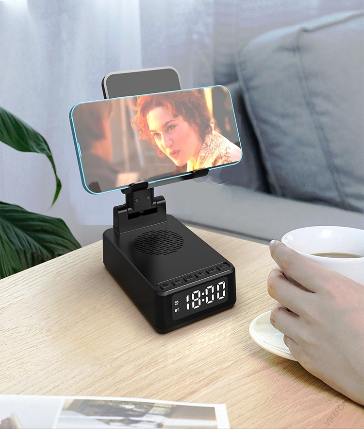 Wireless charging Bluetooth speaker phone stand with alarm clock