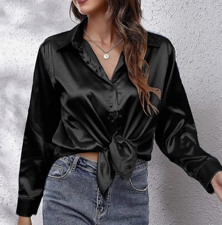 سيور قمصان نسائية من الساتان بازرار سفلية كاجوال باكمام طويلة ورقبة على شكل حرف V، بلوزة حريرية انيقة سادة صيفية للسيدات