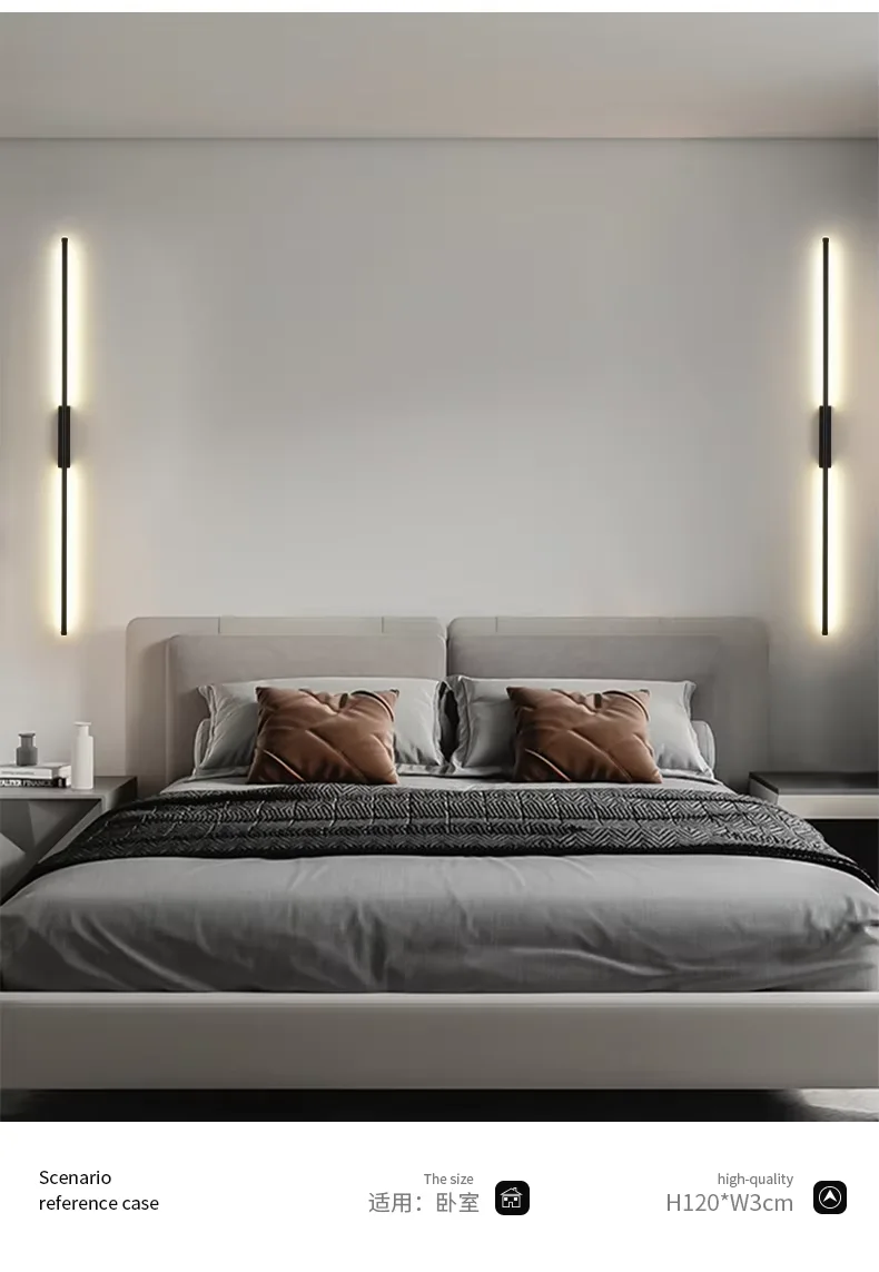 New Minimalist Long Strip Hotel Bedroom Bedside Led Wall Lamp Black Warm Living Room TV Backdrop Led Wall Light