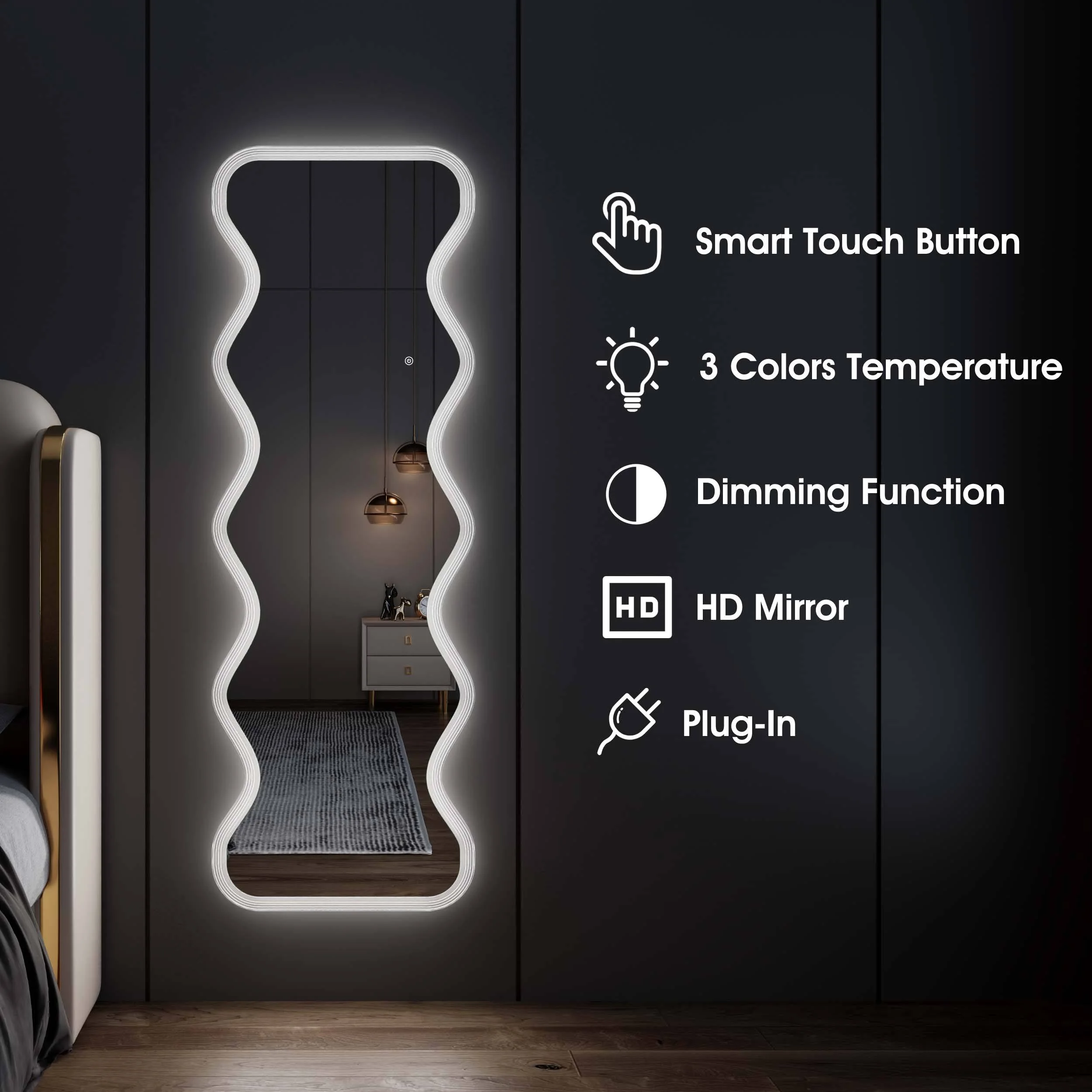 Bedroom Living Room Wall Mounted Hair Salon Floor Body Dressing With Light Irregular Decorative Full Length Wavy Led Mirror