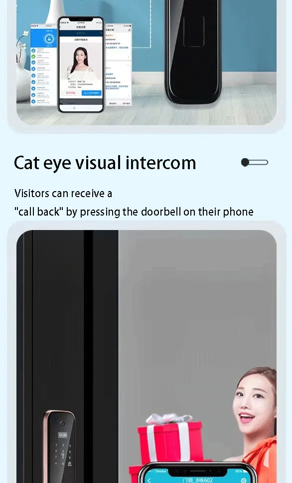 Custom Red Antique Copper aluminum tuya wifi biometric smart screen door locks with cat eye