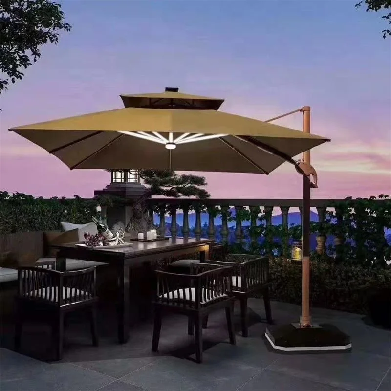 10ft Offset Cantilever Garden Led Umbrella Patio Outdoor Parasol With Solar Lights