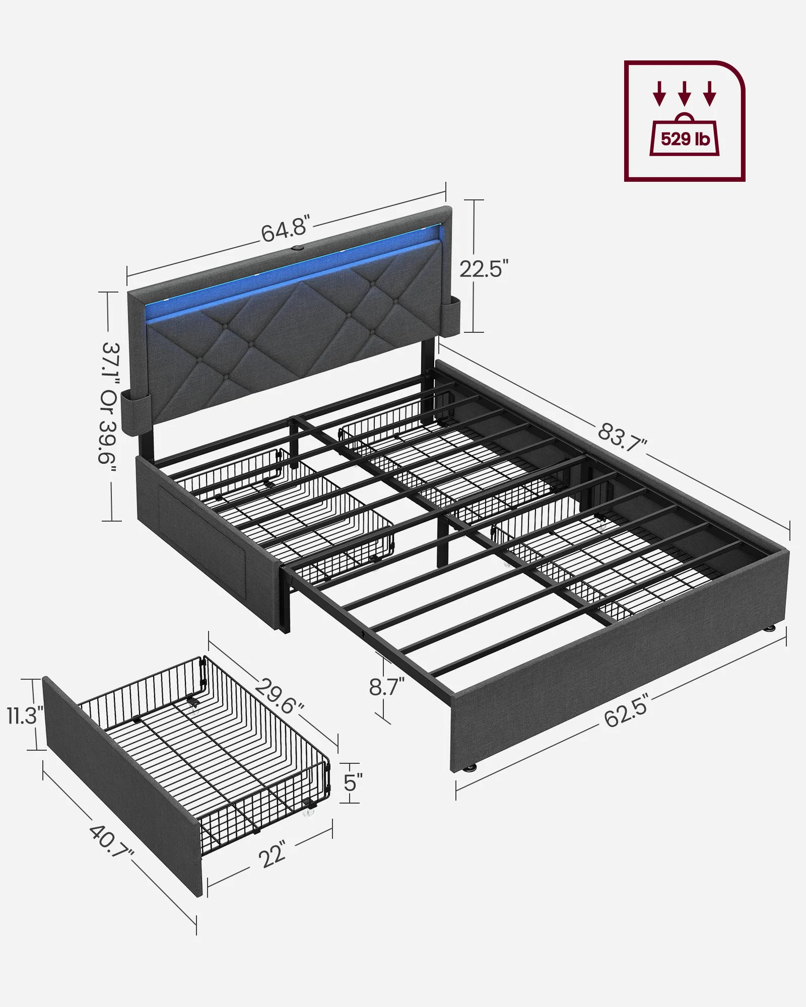 VASAGLE Multifunctional Queen Size Bed Frame with Storage Wholesale RGB Queen Upholstered Storage Platform Bed
