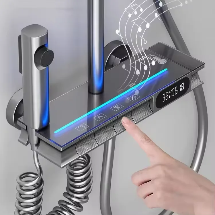 Luxury Bathroom Brass Rain Shower Set Wall Mounted Thermostat Intelligent Digital Display with Light Shower Set