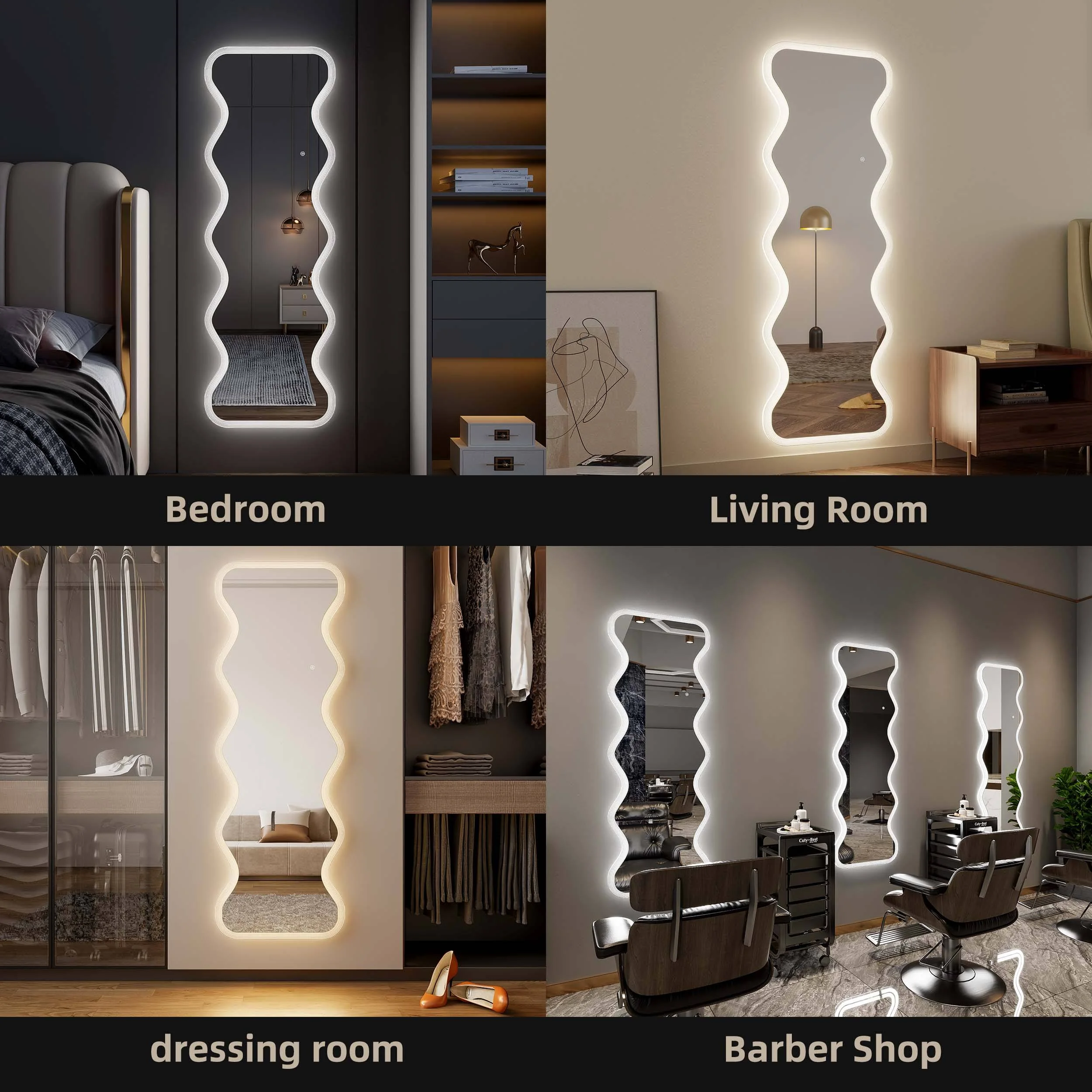 Bedroom Living Room Wall Mounted Hair Salon Floor Body Dressing With Light Irregular Decorative Full Length Wavy Led Mirror