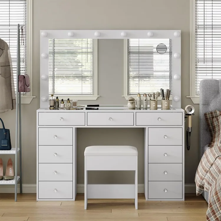 Wholesale Makeup Vanity White Modern Custom Design Simple Multi Functional Led Dressing Table With Mirror for Bedroom
