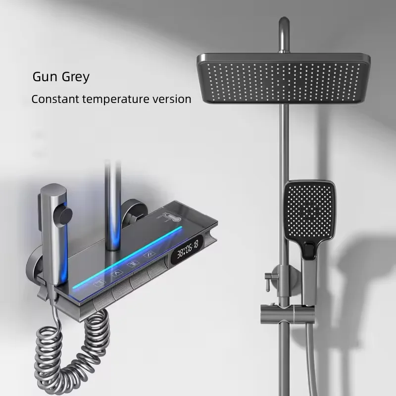 Luxury Bathroom Brass Rain Shower Set Wall Mounted Thermostat Intelligent Digital Display with Light Shower Set