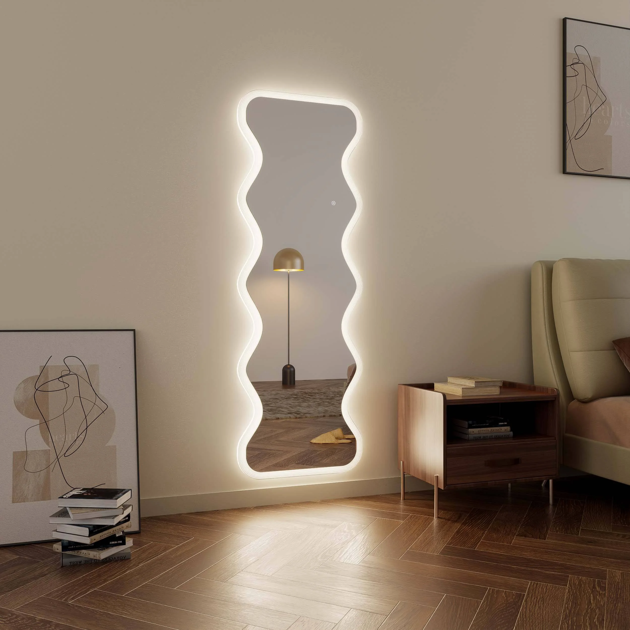 Bedroom Living Room Wall Mounted Hair Salon Floor Body Dressing With Light Irregular Decorative Full Length Wavy Led Mirror