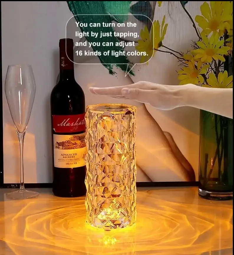 Crystal Table Desk Indoor Lighting Luxury Rose Sensor Rechargeable Usb Rgb Home Decor Led Led Green Bedside Touch Lamp