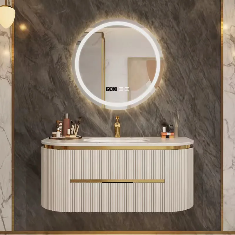 Custom Size Quality Luxury Style Wall Mounted Oak Curved Bathroom Vanity, Bathroom Cabinet with Sink