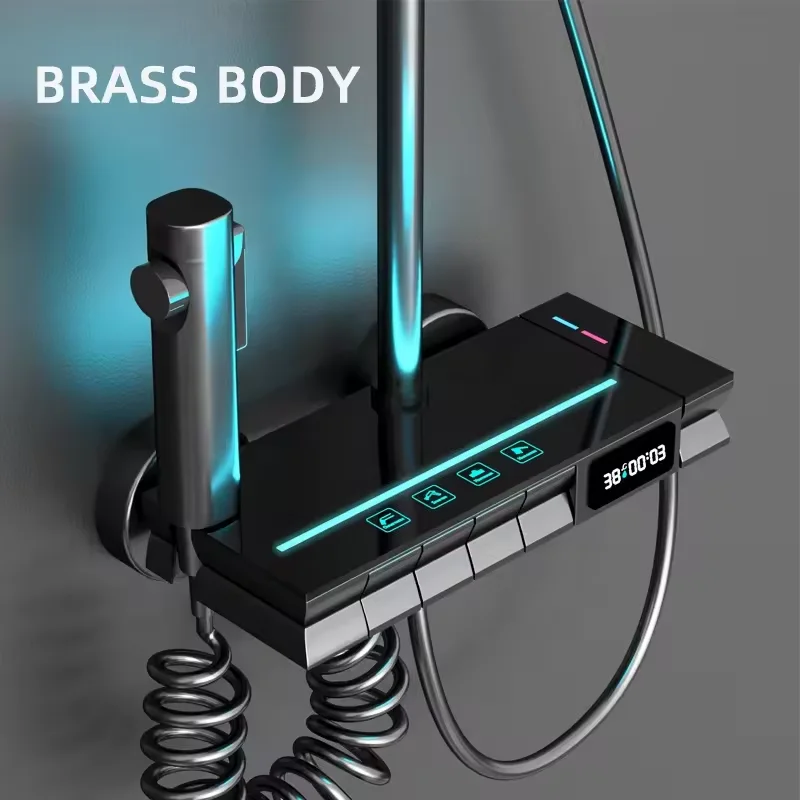 Luxury Bathroom Brass Rain Shower Set Wall Mounted Thermostat Intelligent Digital Display with Light Shower Set