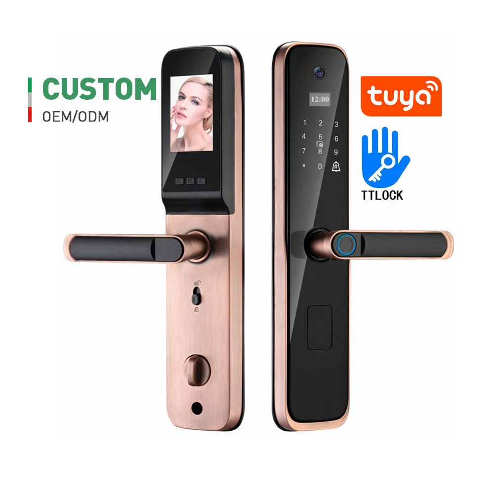 Custom Red Antique Copper aluminum tuya wifi biometric smart screen door locks with cat eye