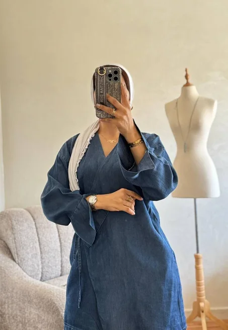 🧥 طقم جينز نسائي فضفاض بتصميم كيمونو