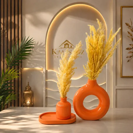 طقم ديكور فازة سيراميك مودرن (الون البرتقالي)