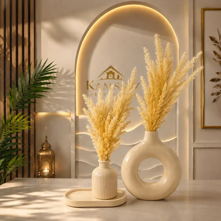 طقم ديكور فازة سيراميك مودرن (لون البيج)