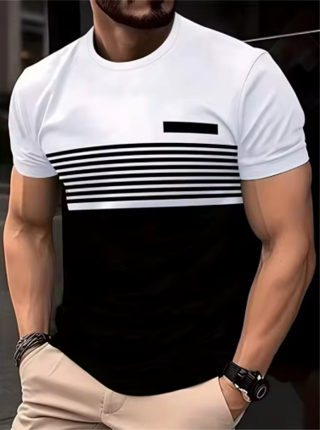 تيشيرت رجالي صيفي عصري بطباعة ثلاثية الأبعاد ونقشة مخططة، تصميم بسيط ومريح، متوفر حتى مقاس 6XL – مثالي للإطلالات اليومية الكاجوال.