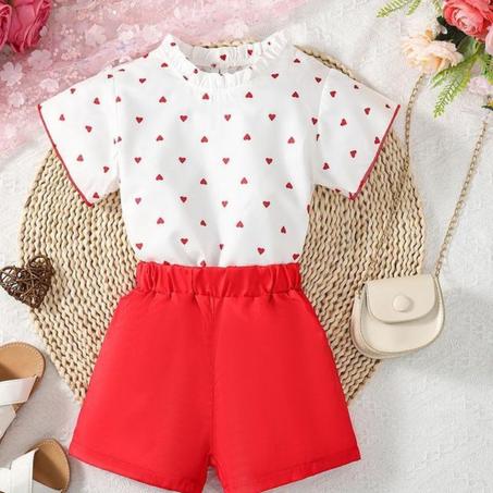 Catpapa 2pcs 4-7 Years Kid Girl Clothing Set Short Sleeve Love Print Blouse with Plain Color Shorts Fashion Child Girl Daily Wear