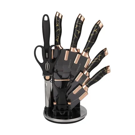 طقم سكاكين مكوَّن من 9 قطع من الفولاذ المقاوم للصدأ مع حامل أكريليك – للمطبخ والاستخدام المنزلي